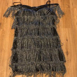 Off the shoulder black and silver fringe dress with spaghetti straps - 2XL